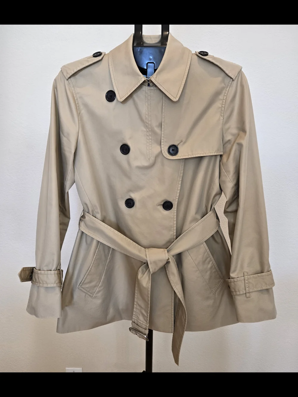 Coach Khaki Short Double-Breasted Trench Coat with Belt